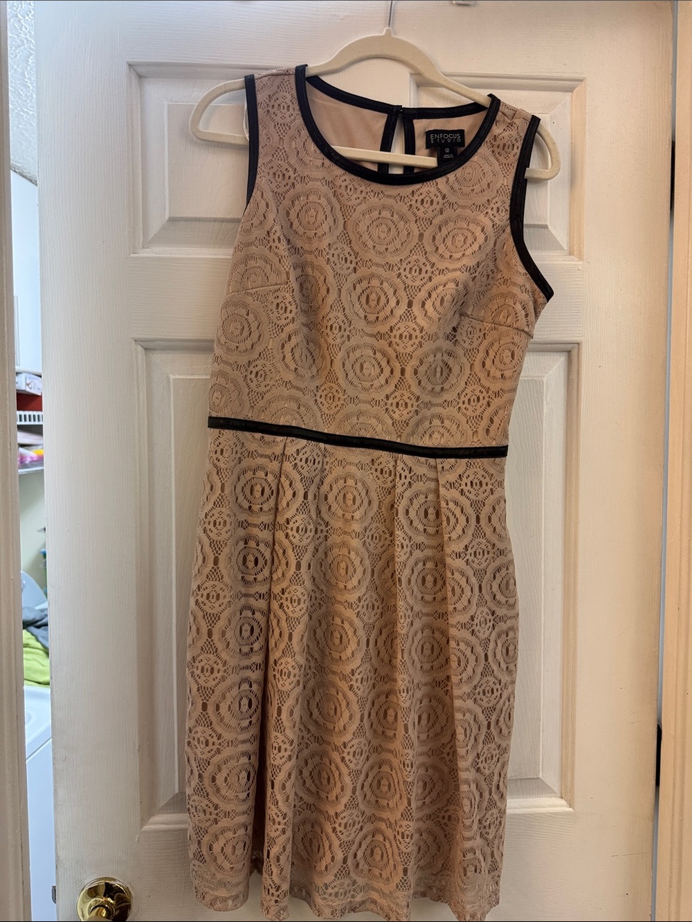 Enfocus Studio Beige Lace A-Line Dress with Black Trim